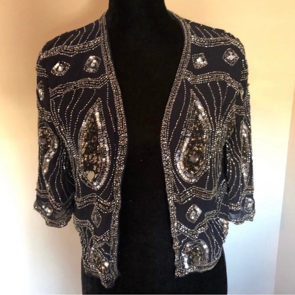 NWT Free people GORGEOUS Cropped Sequin Jacket- Navy -Med - Picture 3 of 7